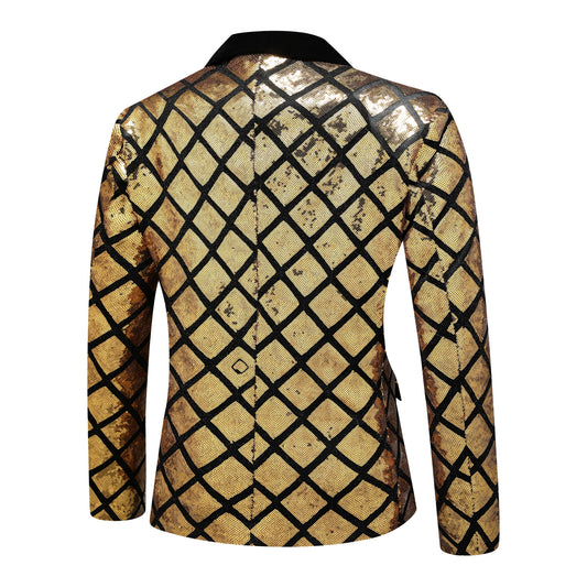 Gold # Men's slim fit gold glitter checkered blazer with one-button notched lapel and single-breasted closure, shiny sequin sport coat jacket with eye-catching check pattern for party, wedding, prom, stage performance and special occasions, isolated on white background.