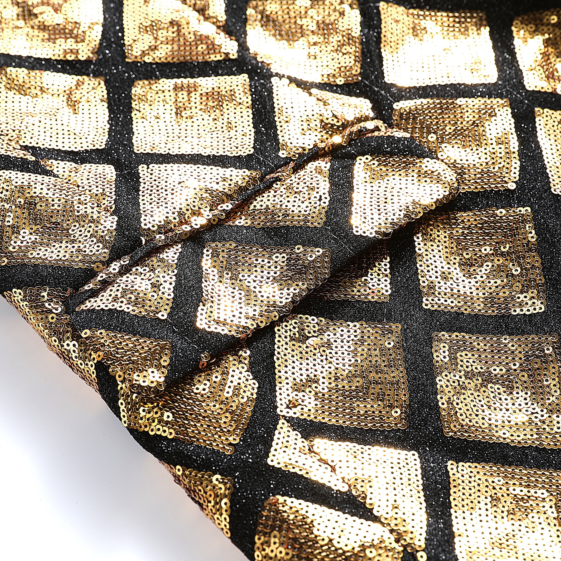 Gold # Men's slim fit gold glitter checkered blazer with one-button notched lapel and single-breasted closure, shiny sequin sport coat jacket with eye-catching check pattern for party, wedding, prom, stage performance and special occasions, isolated on white background.