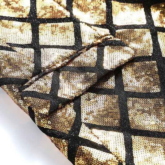 Gold # Men's slim fit gold glitter checkered blazer with one-button notched lapel and single-breasted closure, shiny sequin sport coat jacket with eye-catching check pattern for party, wedding, prom, stage performance and special occasions, isolated on white background.