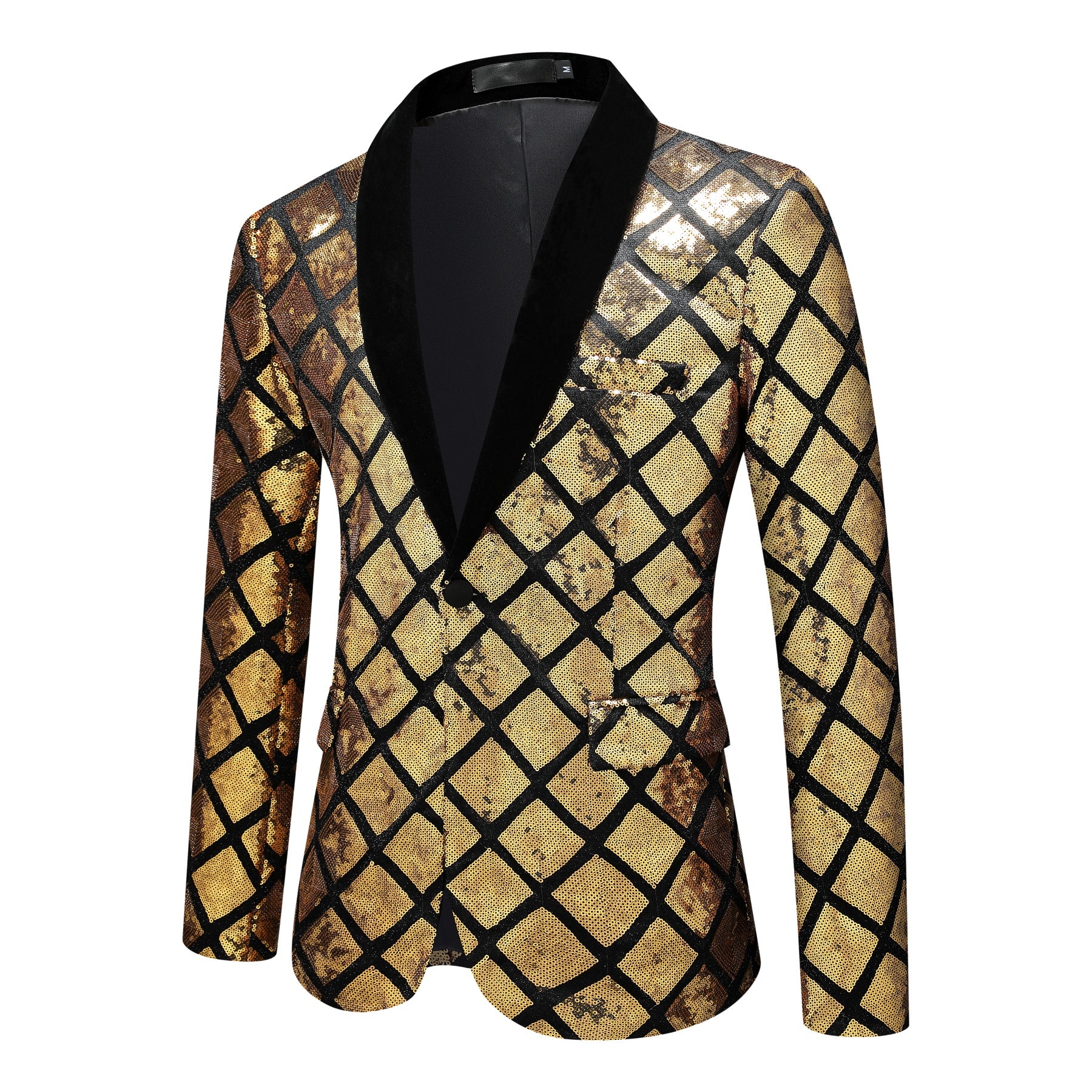 Gold # Men's slim fit gold glitter checkered blazer with one-button notched lapel and single-breasted closure, shiny sequin sport coat jacket with eye-catching check pattern for party, wedding, prom, stage performance and special occasions, isolated on white background.