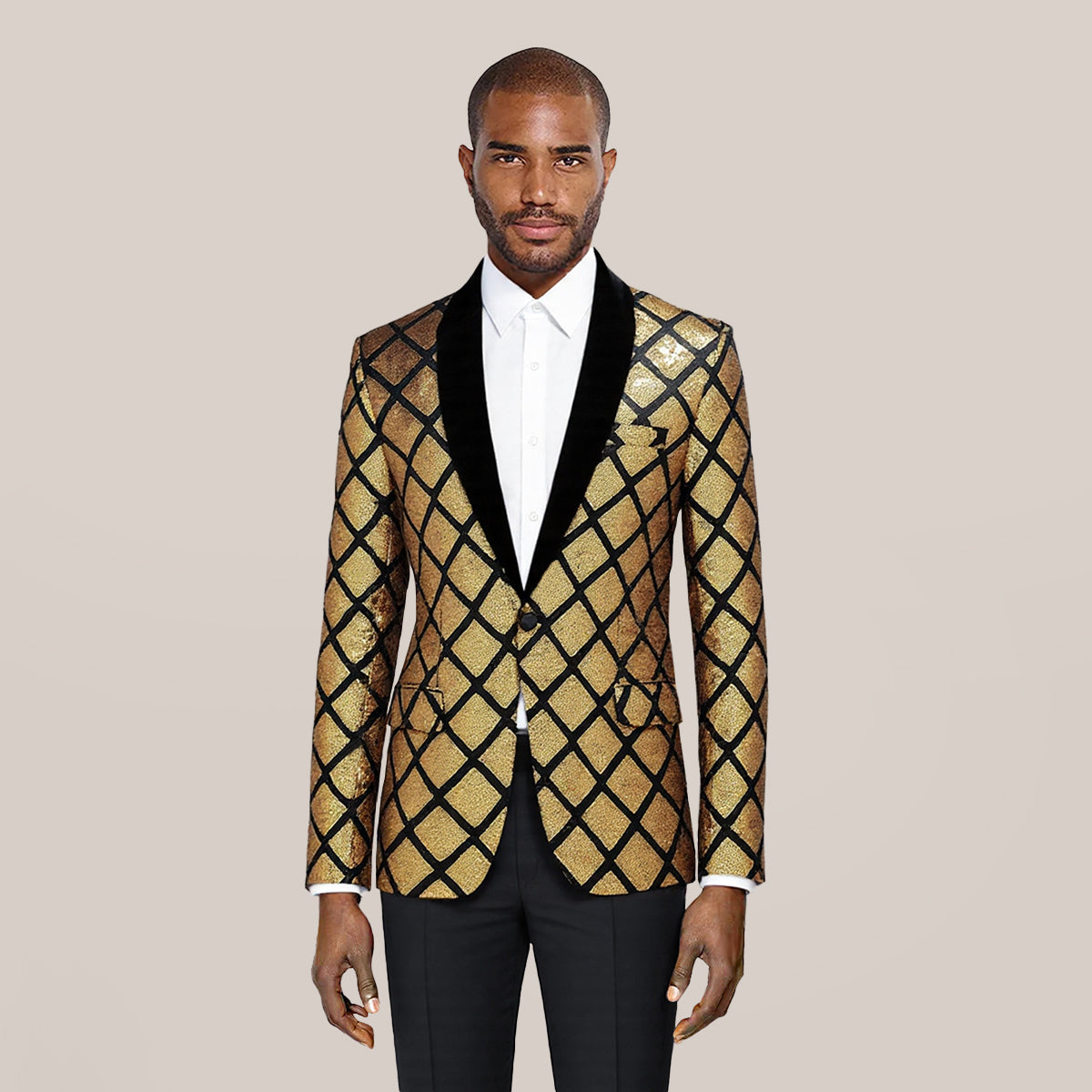 Gold # Men's slim fit gold glitter checkered blazer with one-button notched lapel and single-breasted closure, shiny sequin sport coat jacket with eye-catching check pattern for party, wedding, prom, stage performance and special occasions, isolated on white background.