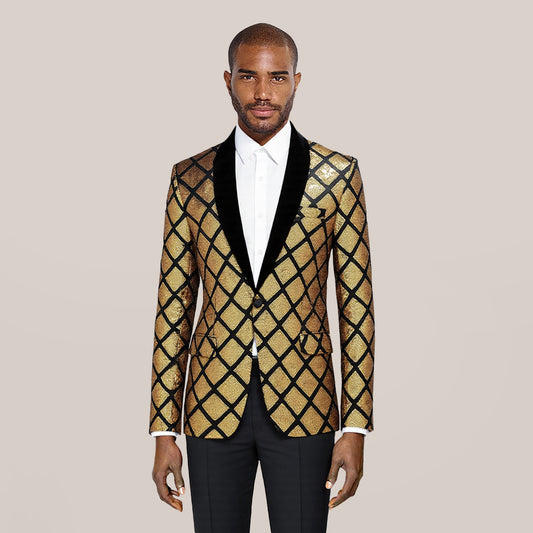 Gold # Men's slim fit gold glitter checkered blazer with one-button notched lapel and single-breasted closure, shiny sequin sport coat jacket with eye-catching check pattern for party, wedding, prom, stage performance and special occasions, isolated on white background.