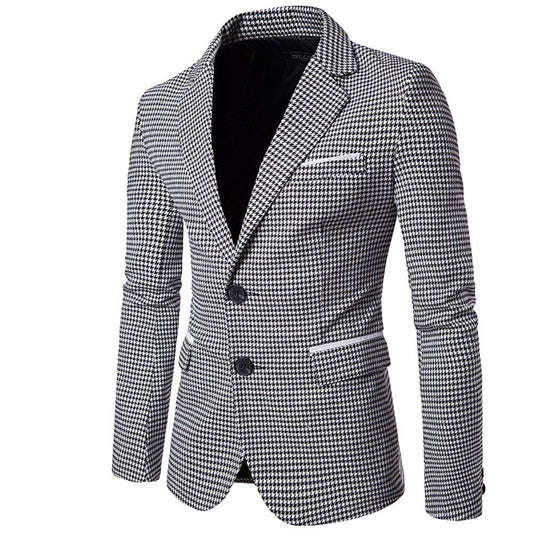 Black White # Men's two-button notch lapel blazer with structured fit, black and white casual sport coat jacket with premium cotton polyester blend fabric, wrinkle-resistant and breathable for daily business, office, wedding and party wear, isolated on white background.