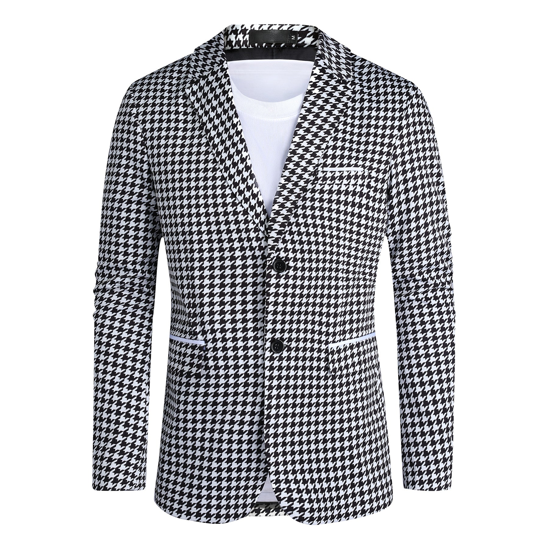 Black White # Men's two-button notch lapel blazer with structured fit, black and white casual sport coat jacket with premium cotton polyester blend fabric, wrinkle-resistant and breathable for daily business, office, wedding and party wear, isolated on white background.