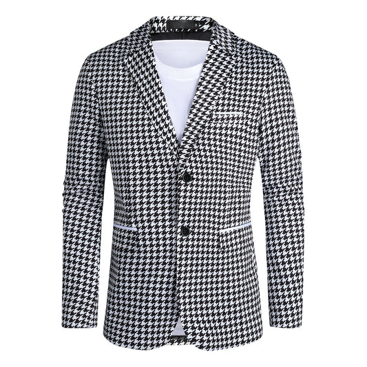 Black White # Men's two-button notch lapel blazer with structured fit, black and white casual sport coat jacket with premium cotton polyester blend fabric, wrinkle-resistant and breathable for daily business, office, wedding and party wear, isolated on white background.