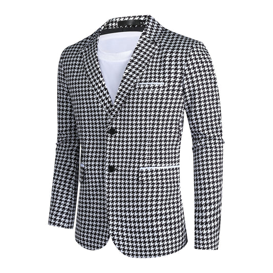 Black White # Men's two-button notch lapel blazer with structured fit, black and white casual sport coat jacket with premium cotton polyester blend fabric, wrinkle-resistant and breathable for daily business, office, wedding and party wear, isolated on white background.