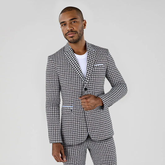 Black White # Men's two-button notch lapel blazer with structured fit, black and white casual sport coat jacket with premium cotton polyester blend fabric, wrinkle-resistant and breathable for daily business, office, wedding and party wear, isolated on white background.