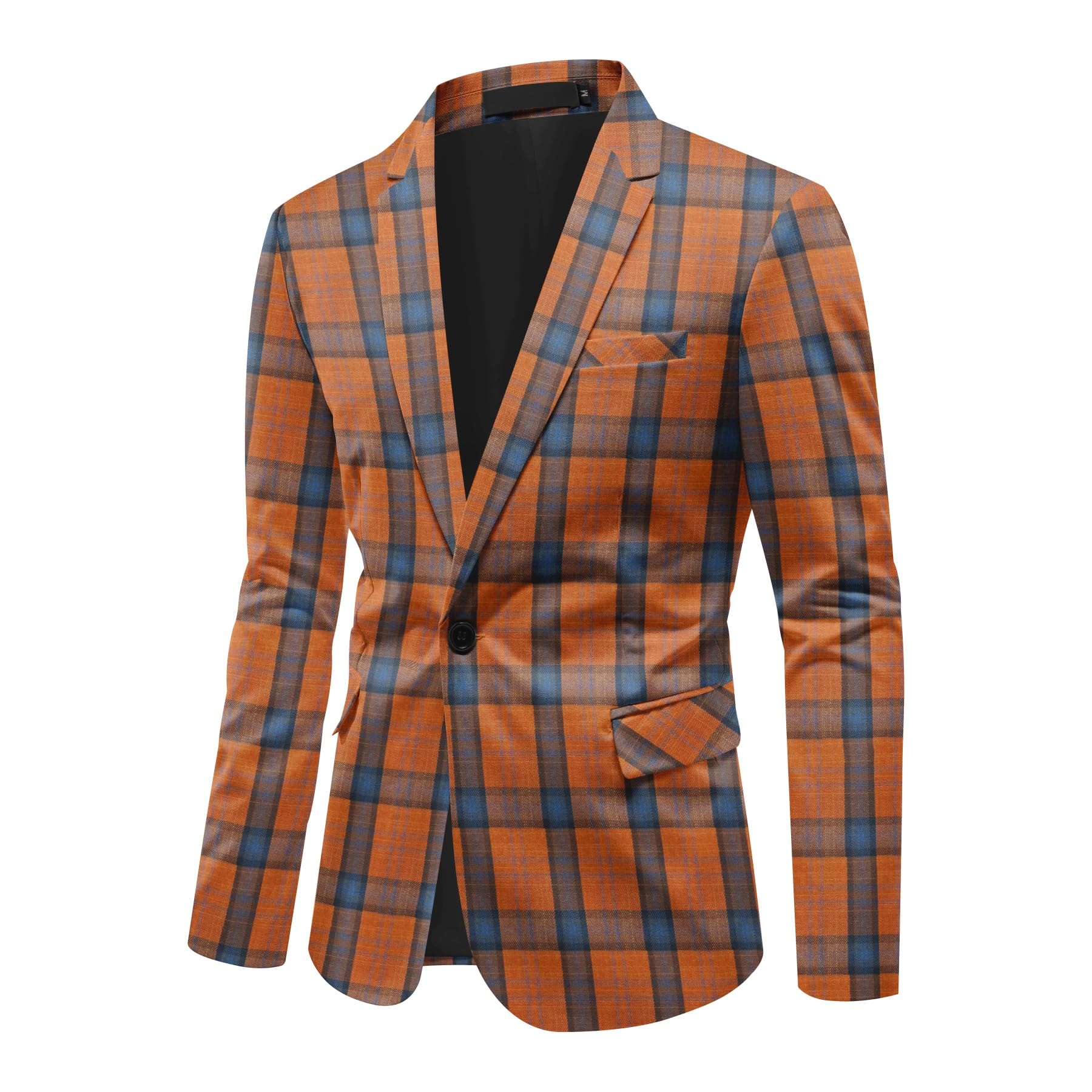 Orange Blue # Men's slim fit plaid blazer, 1-button notched lapel single-breasted sport coat jacket with back vent, stylish orange and blue tartan pattern for wedding, prom, business, party and daily wear, isolated on white background.