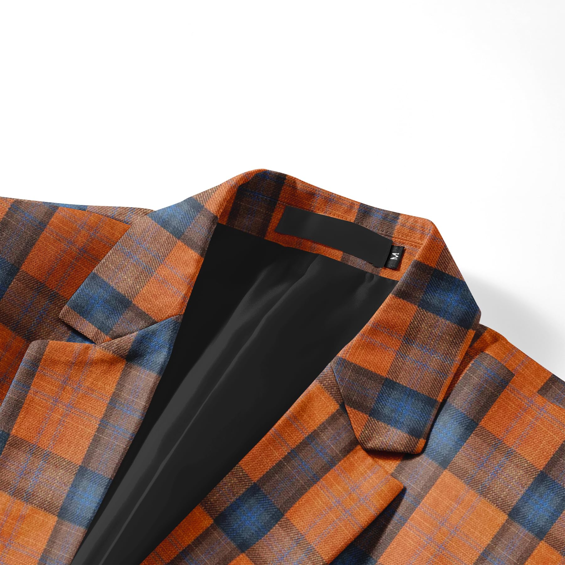 Orange Blue # Men's slim fit plaid blazer, 1-button notched lapel single-breasted sport coat jacket with back vent, stylish orange and blue tartan pattern for wedding, prom, business, party and daily wear, isolated on white background.