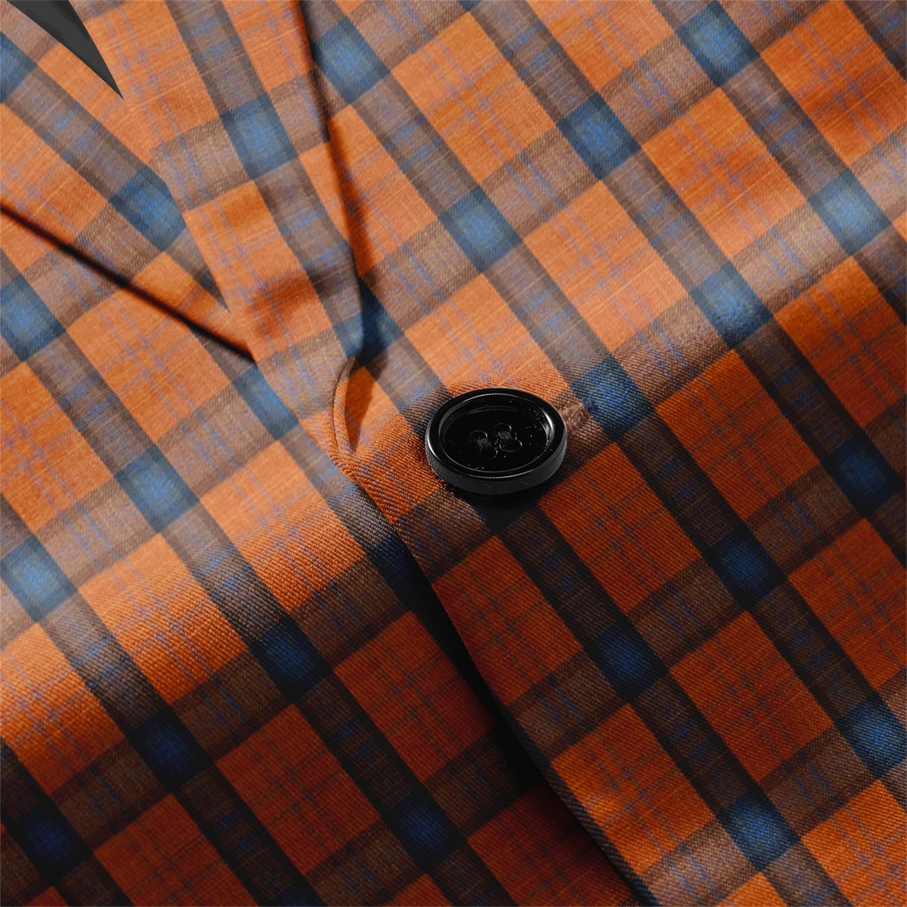 Orange Blue # Men's slim fit plaid blazer, 1-button notched lapel single-breasted sport coat jacket with back vent, stylish orange and blue tartan pattern for wedding, prom, business, party and daily wear, isolated on white background.
