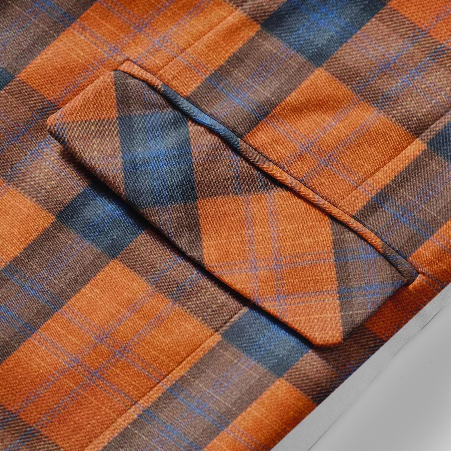 Orange Blue # Men's slim fit plaid blazer, 1-button notched lapel single-breasted sport coat jacket with back vent, stylish orange and blue tartan pattern for wedding, prom, business, party and daily wear, isolated on white background.