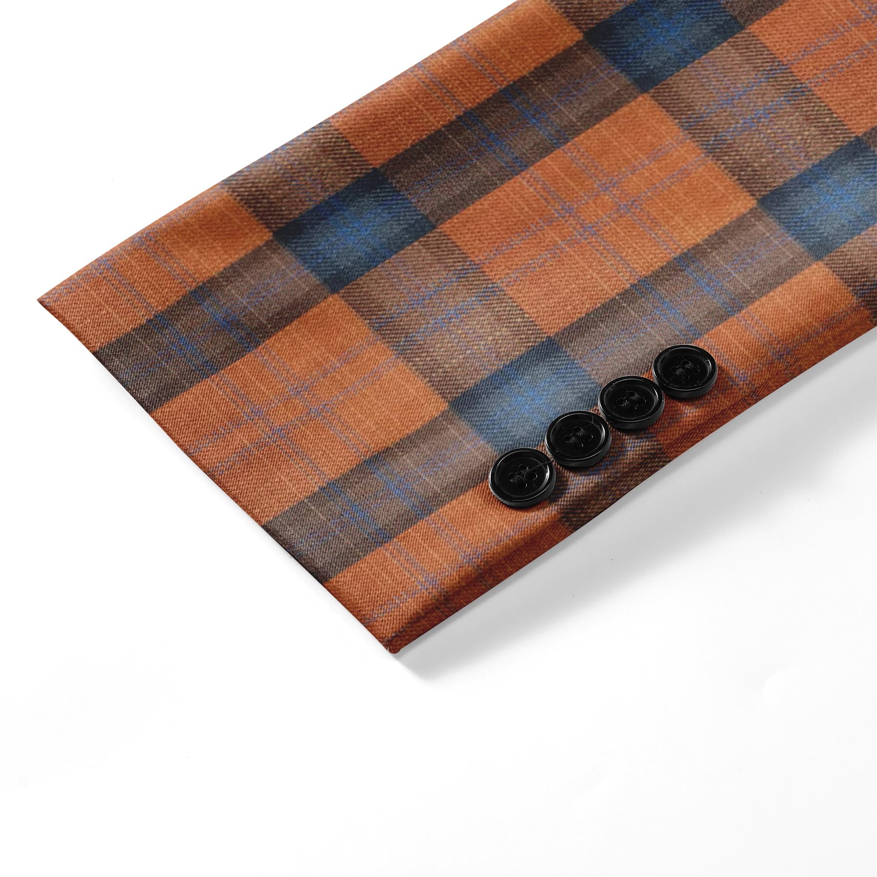 Orange Blue # Men's slim fit plaid blazer, 1-button notched lapel single-breasted sport coat jacket with back vent, stylish orange and blue tartan pattern for wedding, prom, business, party and daily wear, isolated on white background.