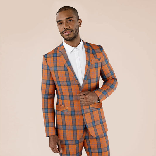 Orange Blue # Men's slim fit plaid blazer, 1-button notched lapel single-breasted sport coat jacket with back vent, stylish orange and blue tartan pattern for wedding, prom, business, party and daily wear, isolated on white background.