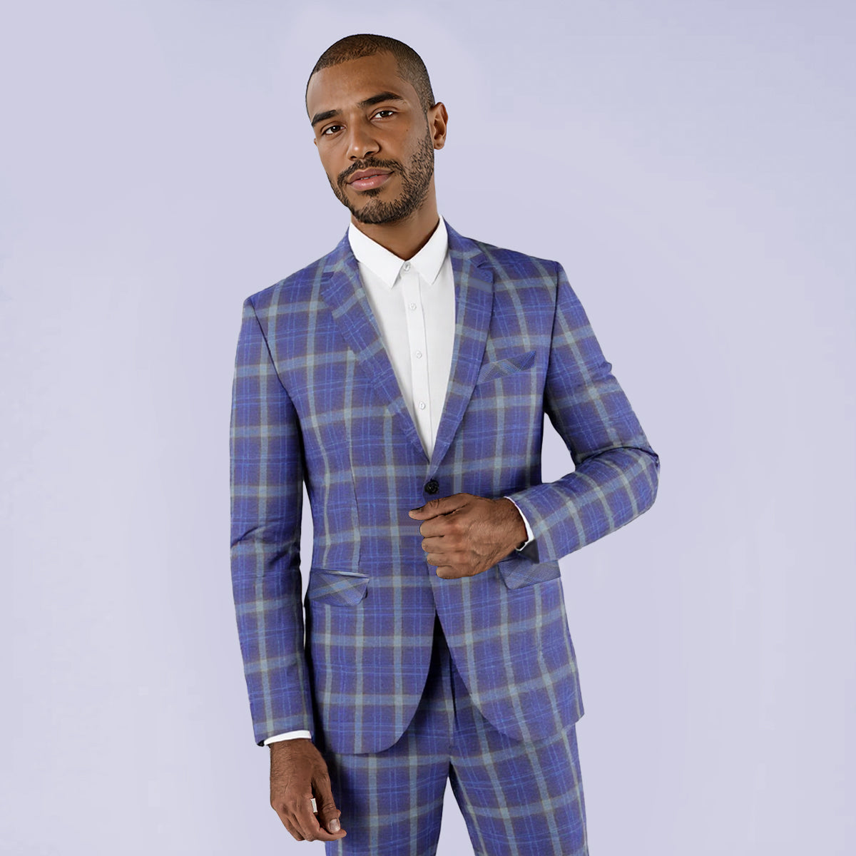 Dark Purple # Men's slim fit plaid suit blazer, 1-button single-breasted sport coat with notched lapel and back vent, stylish dark purple tweed checkered jacket for wedding, prom, business, party and daily wear, isolated on white background.