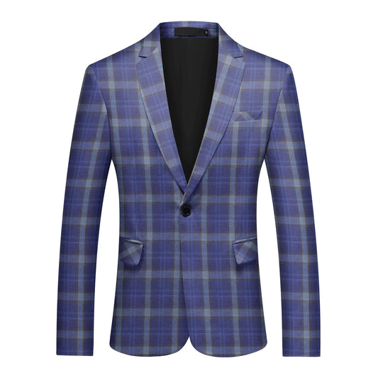 Dark Purple # Men's slim fit plaid suit blazer, 1-button single-breasted sport coat with notched lapel and back vent, stylish dark purple tweed checkered jacket for wedding, prom, business, party and daily wear, isolated on white background.