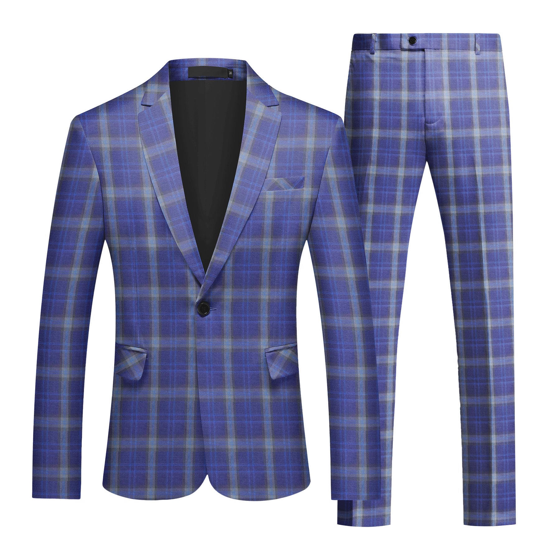 Dark Purple # Men's slim fit 2-piece plaid suit with one-button peaked lapel and fully lined blazer jacket, dark purple checkered formal suit with matching trousers for party, dinner, wedding, prom and daily business wear, isolated on white background.