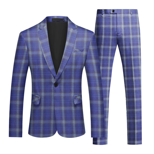 Dark Purple # Men's slim fit 2-piece plaid suit with one-button peaked lapel and fully lined blazer jacket, dark purple checkered formal suit with matching trousers for party, dinner, wedding, prom and daily business wear, isolated on white background.
