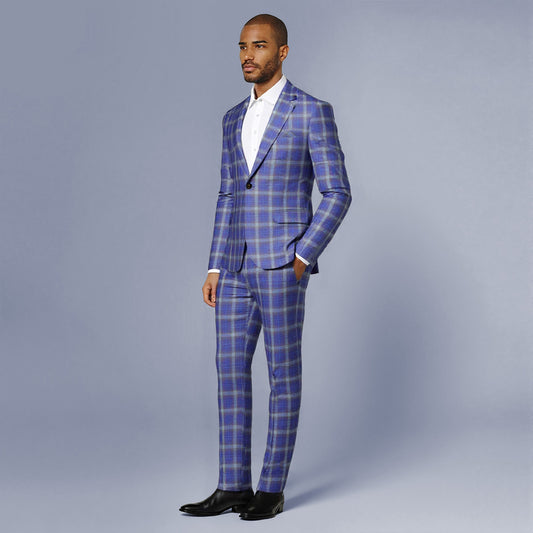 Dark Purple # Men's slim fit 2-piece plaid suit with one-button peaked lapel and fully lined blazer jacket, dark purple checkered formal suit with matching trousers for party, dinner, wedding, prom and daily business wear, isolated on white background.