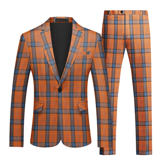 Orange # Men's slim fit 2-piece plaid suit with one-button peaked lapel and striped checkered pattern, formal blazer jacket with matching trousers in vibrant orange plaid, fully lined sport coat for party, event dinner, wedding, prom and daily wear, isolated on white background.
