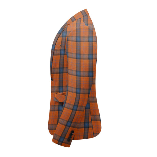 Orange # Men's slim fit 2-piece plaid suit with one-button peaked lapel and striped checkered pattern, formal blazer jacket with matching trousers in vibrant orange plaid, fully lined sport coat for party, event dinner, wedding, prom and daily wear, isolated on white background.