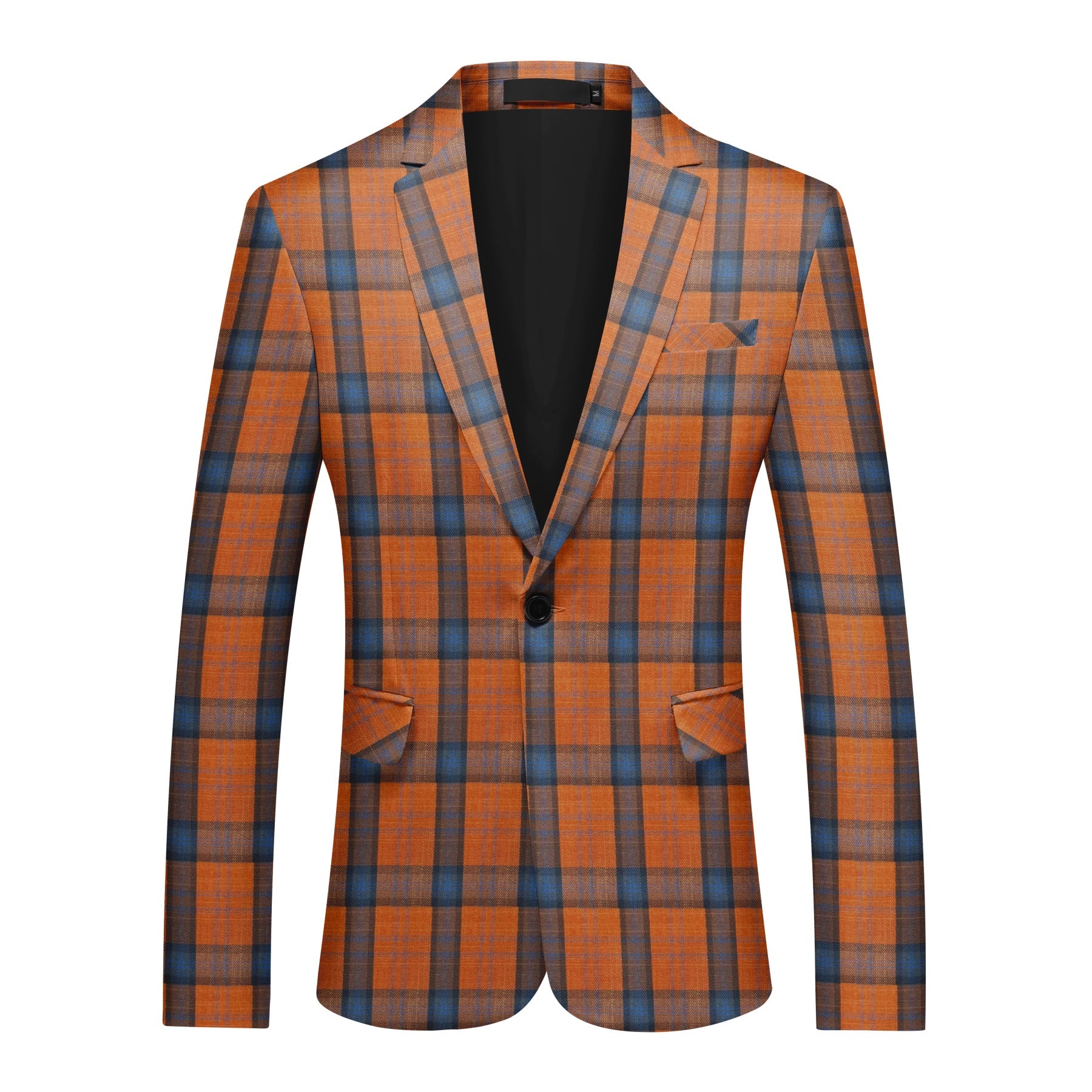 Orange # Men's slim fit 2-piece plaid suit with one-button peaked lapel and striped checkered pattern, formal blazer jacket with matching trousers in vibrant orange plaid, fully lined sport coat for party, event dinner, wedding, prom and daily wear, isolated on white background.