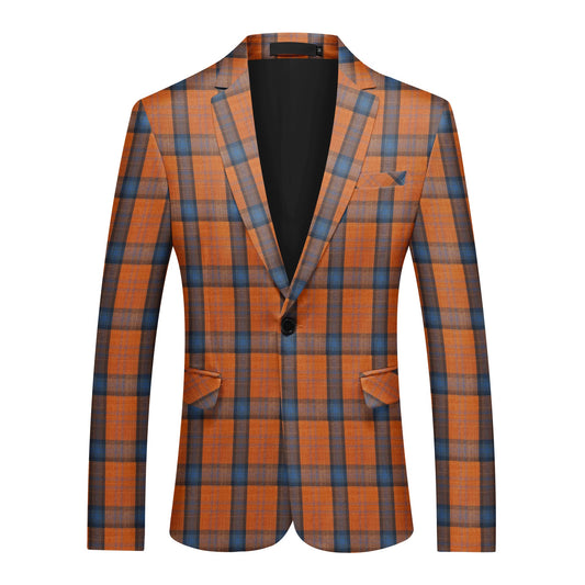 Orange # Men's slim fit 2-piece plaid suit with one-button peaked lapel and striped checkered pattern, formal blazer jacket with matching trousers in vibrant orange plaid, fully lined sport coat for party, event dinner, wedding, prom and daily wear, isolated on white background.