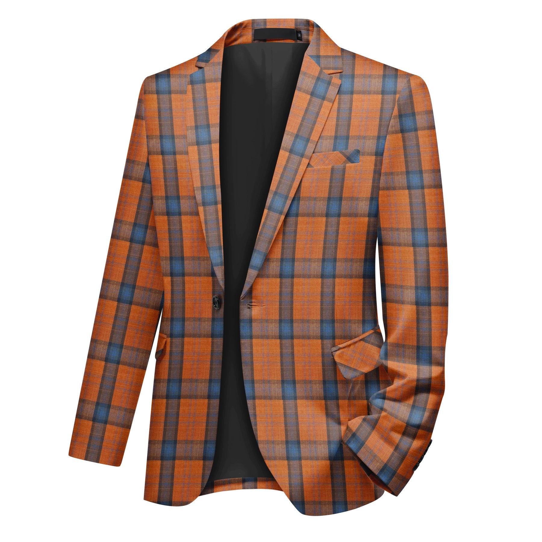 Orange # Men's slim fit 2-piece plaid suit with one-button peaked lapel and striped checkered pattern, formal blazer jacket with matching trousers in vibrant orange plaid, fully lined sport coat for party, event dinner, wedding, prom and daily wear, isolated on white background.