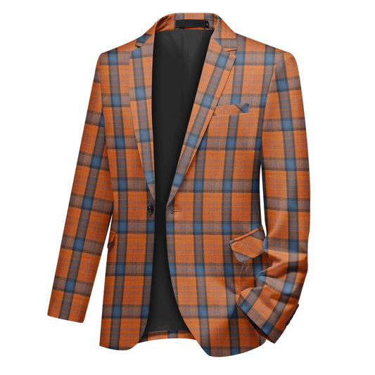 Orange # Men's slim fit 2-piece plaid suit with one-button peaked lapel and striped checkered pattern, formal blazer jacket with matching trousers in vibrant orange plaid, fully lined sport coat for party, event dinner, wedding, prom and daily wear, isolated on white background.