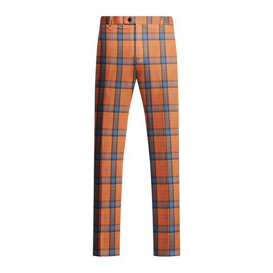 Orange # Men's slim fit 2-piece plaid suit with one-button peaked lapel and striped checkered pattern, formal blazer jacket with matching trousers in vibrant orange plaid, fully lined sport coat for party, event dinner, wedding, prom and daily wear, isolated on white background.