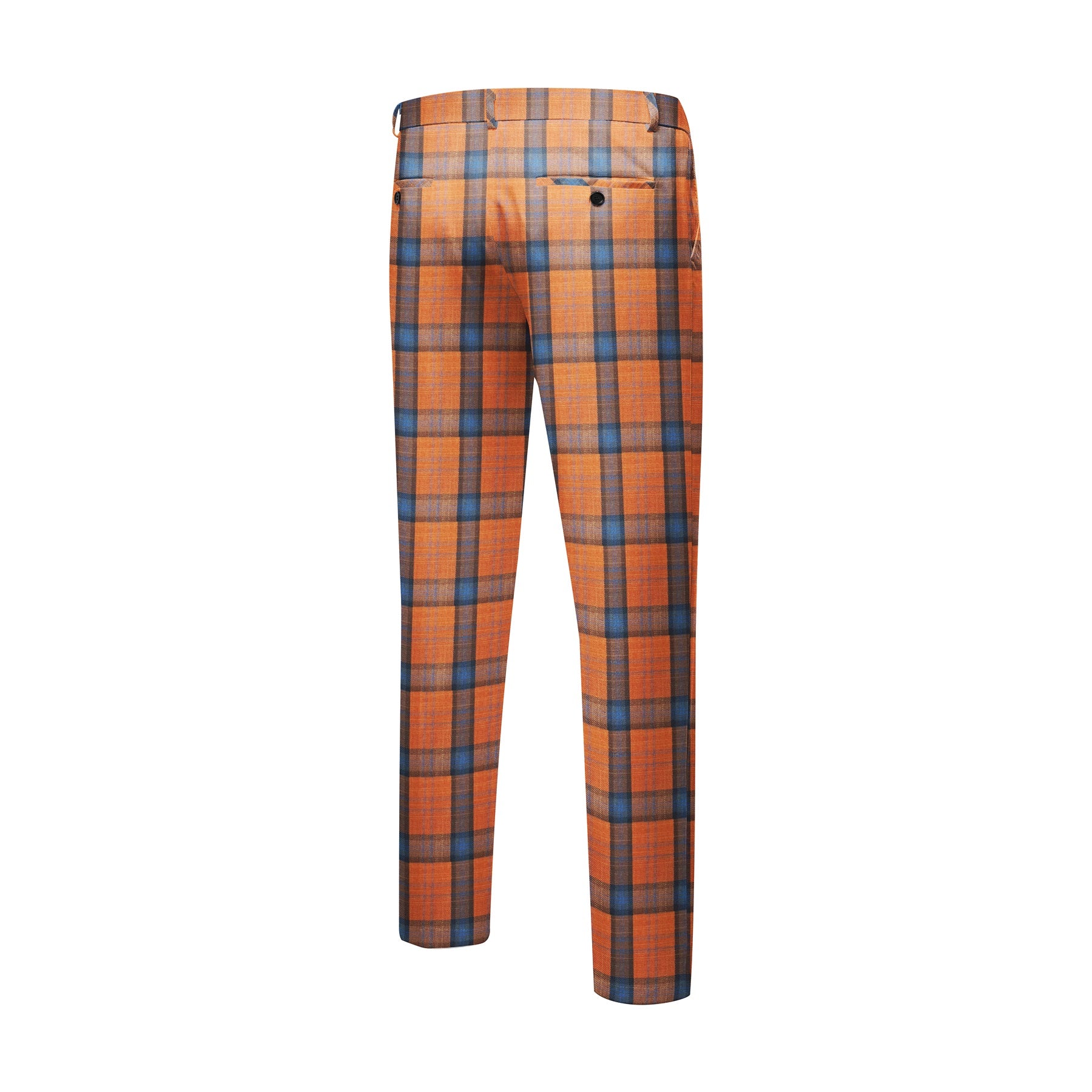 Orange # Men's slim fit 2-piece plaid suit with one-button peaked lapel and striped checkered pattern, formal blazer jacket with matching trousers in vibrant orange plaid, fully lined sport coat for party, event dinner, wedding, prom and daily wear, isolated on white background.