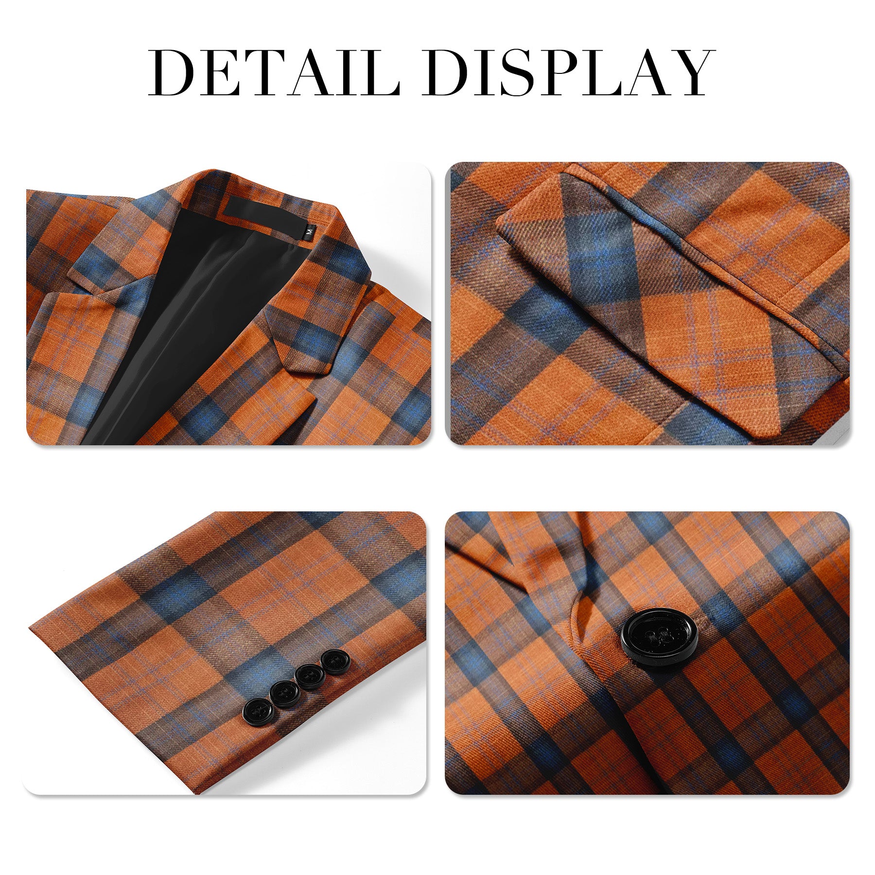 Orange # Men's slim fit 2-piece plaid suit with one-button peaked lapel and striped checkered pattern, formal blazer jacket with matching trousers in vibrant orange plaid, fully lined sport coat for party, event dinner, wedding, prom and daily wear, isolated on white background.