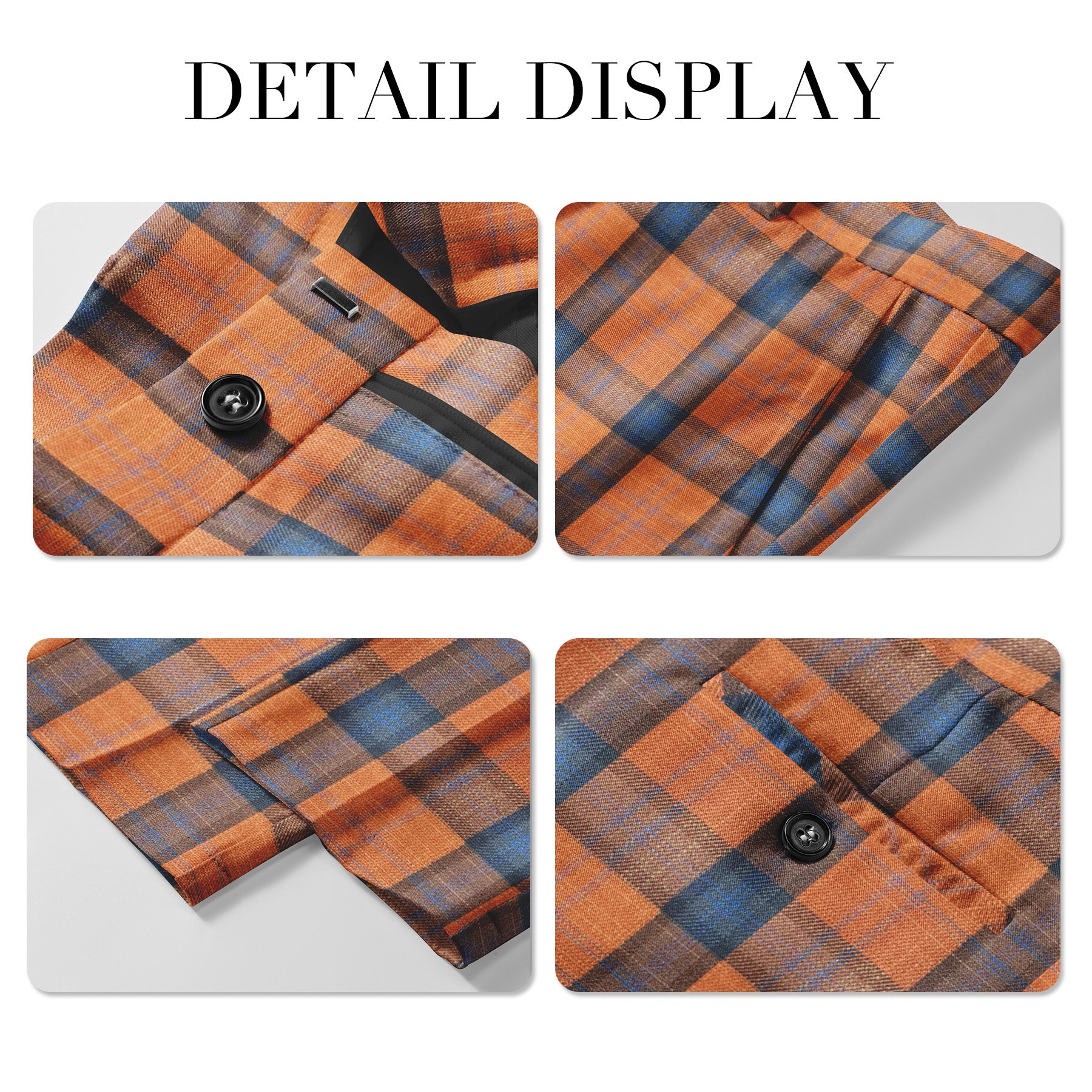 Orange # Men's slim fit 2-piece plaid suit with one-button peaked lapel and striped checkered pattern, formal blazer jacket with matching trousers in vibrant orange plaid, fully lined sport coat for party, event dinner, wedding, prom and daily wear, isolated on white background.