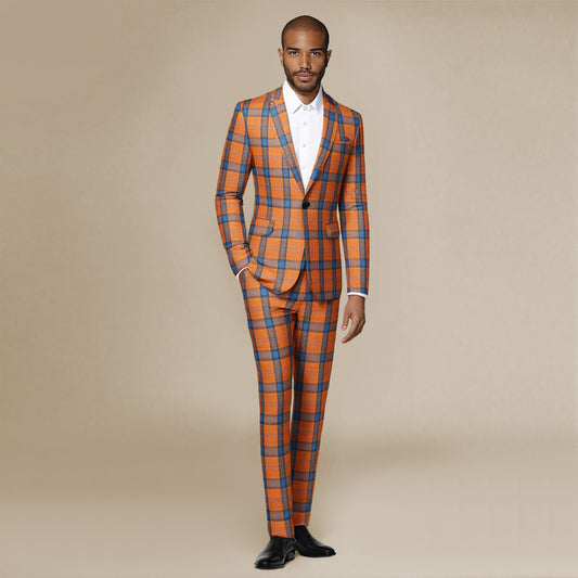 Orange # Men's slim fit 2-piece plaid suit with one-button peaked lapel and striped checkered pattern, formal blazer jacket with matching trousers in vibrant orange plaid, fully lined sport coat for party, event dinner, wedding, prom and daily wear, isolated on white background.