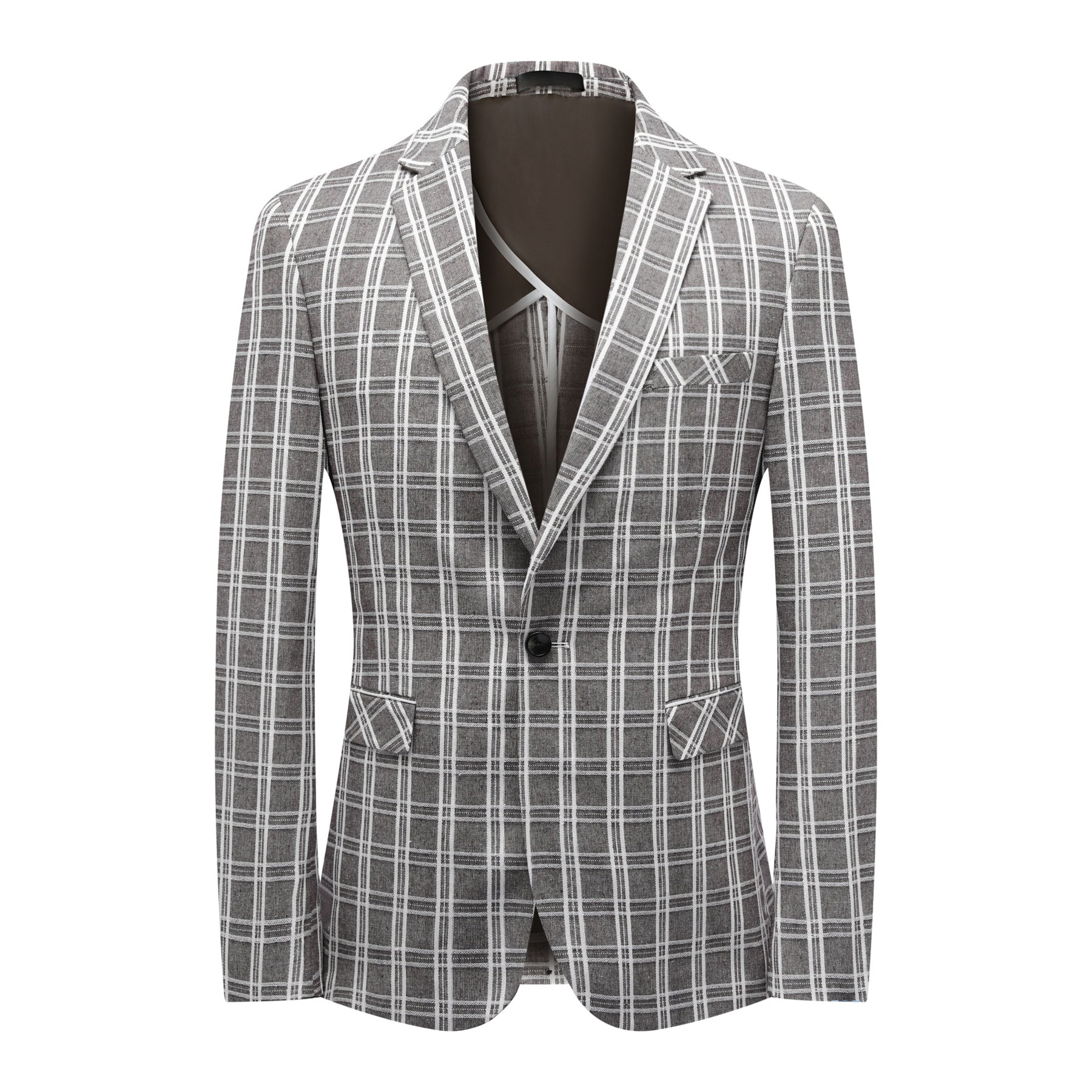 Khaki White Check # Men's one-button khaki and white check plaid blazer, slim fit notch lapel sport coat jacket with classic checkered pattern, breathable cotton polyester blend for daily business, office, wedding and party wear, isolated on white background.
