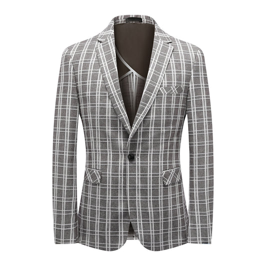 Khaki White Check # Men's one-button khaki and white check plaid blazer, slim fit notch lapel sport coat jacket with classic checkered pattern, breathable cotton polyester blend for daily business, office, wedding and party wear, isolated on white background.