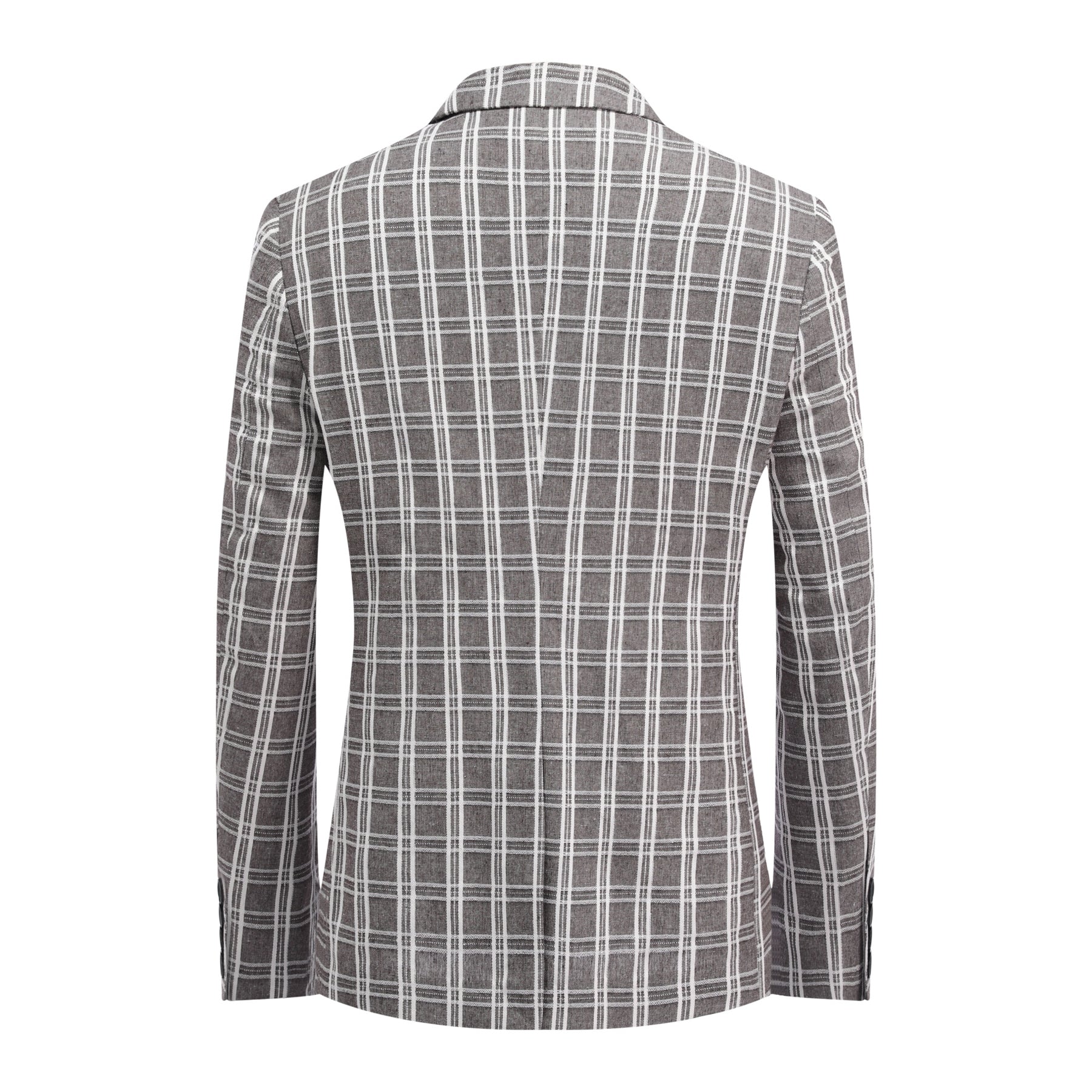Khaki White Check # Men's one-button khaki and white check plaid blazer, slim fit notch lapel sport coat jacket with classic checkered pattern, breathable cotton polyester blend for daily business, office, wedding and party wear, isolated on white background.