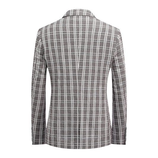 Khaki White Check # Men's one-button khaki and white check plaid blazer, slim fit notch lapel sport coat jacket with classic checkered pattern, breathable cotton polyester blend for daily business, office, wedding and party wear, isolated on white background.