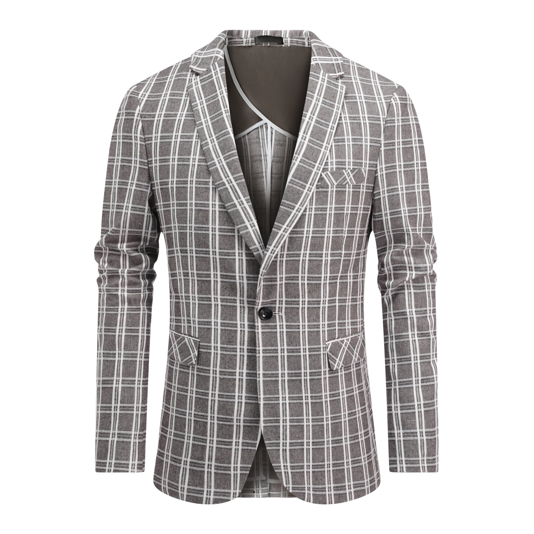 Khaki White Check # Men's one-button khaki and white check plaid blazer, slim fit notch lapel sport coat jacket with classic checkered pattern, breathable cotton polyester blend for daily business, office, wedding and party wear, isolated on white background.