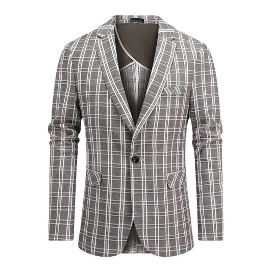 Khaki White Check # Men's one-button khaki and white check plaid blazer, slim fit notch lapel sport coat jacket with classic checkered pattern, breathable cotton polyester blend for daily business, office, wedding and party wear, isolated on white background.