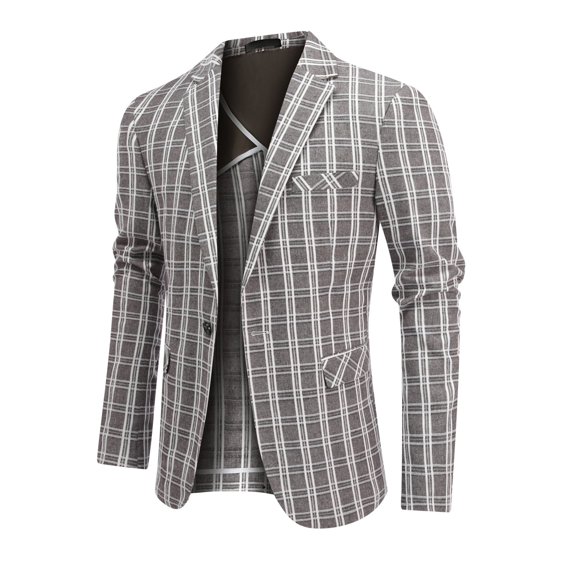 Khaki White Check # Men's one-button khaki and white check plaid blazer, slim fit notch lapel sport coat jacket with classic checkered pattern, breathable cotton polyester blend for daily business, office, wedding and party wear, isolated on white background.