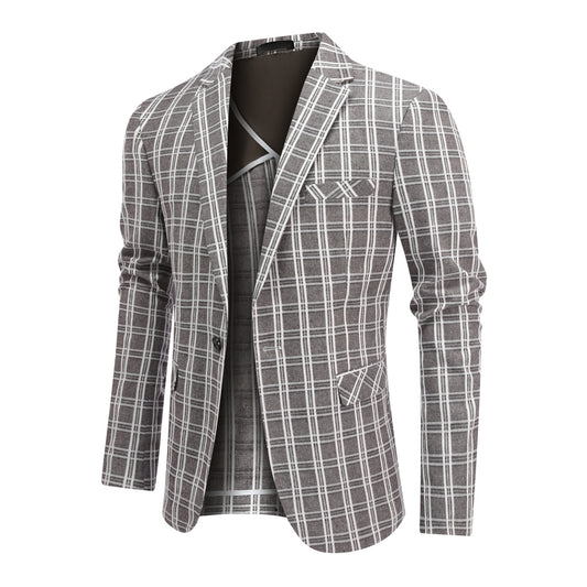 Khaki White Check # Men's one-button khaki and white check plaid blazer, slim fit notch lapel sport coat jacket with classic checkered pattern, breathable cotton polyester blend for daily business, office, wedding and party wear, isolated on white background.