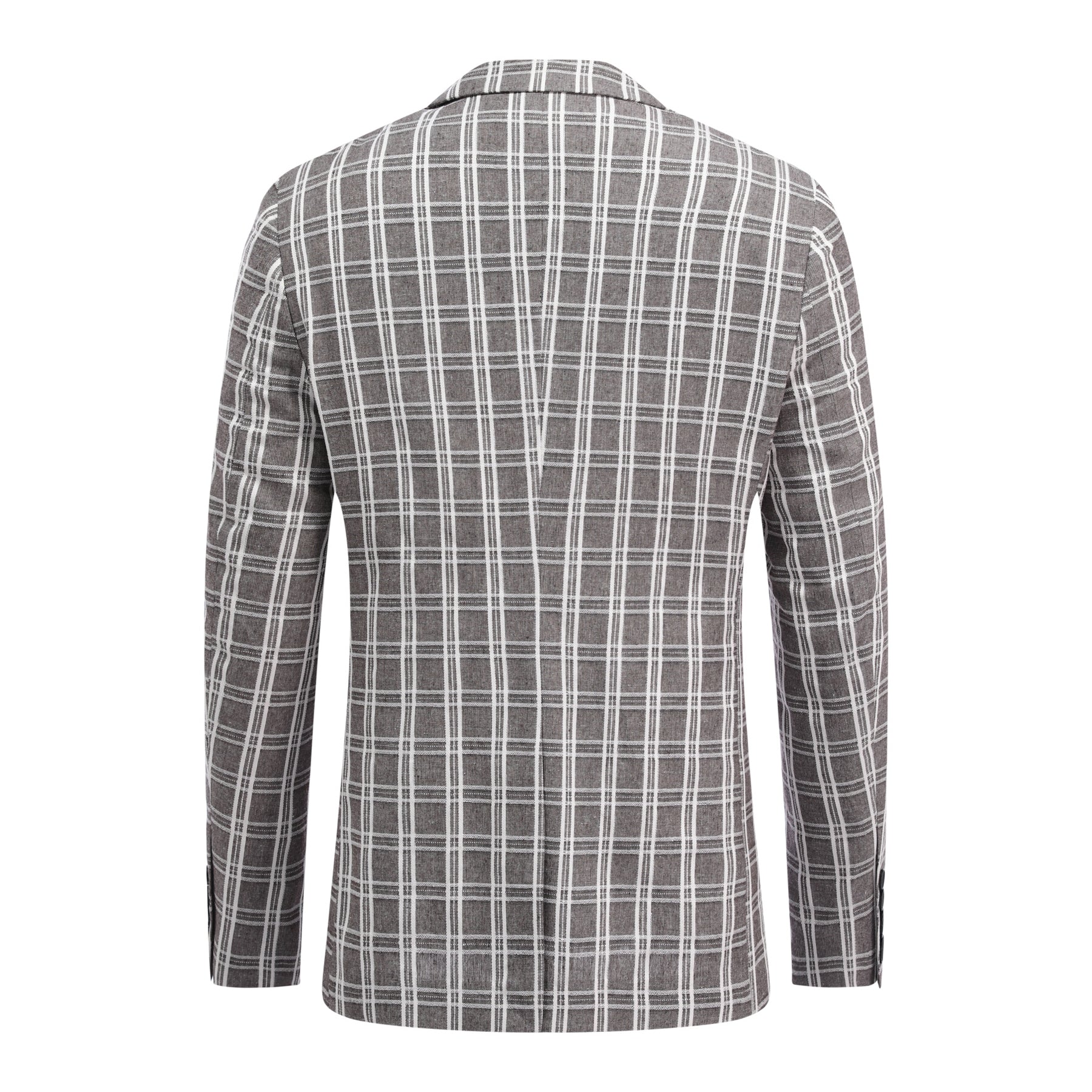 Khaki White Check # Men's one-button khaki and white check plaid blazer, slim fit notch lapel sport coat jacket with classic checkered pattern, breathable cotton polyester blend for daily business, office, wedding and party wear, isolated on white background.