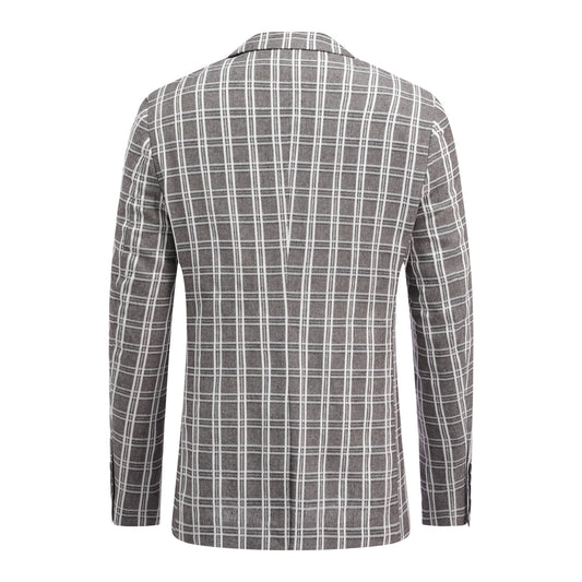 Khaki White Check # Men's one-button khaki and white check plaid blazer, slim fit notch lapel sport coat jacket with classic checkered pattern, breathable cotton polyester blend for daily business, office, wedding and party wear, isolated on white background.