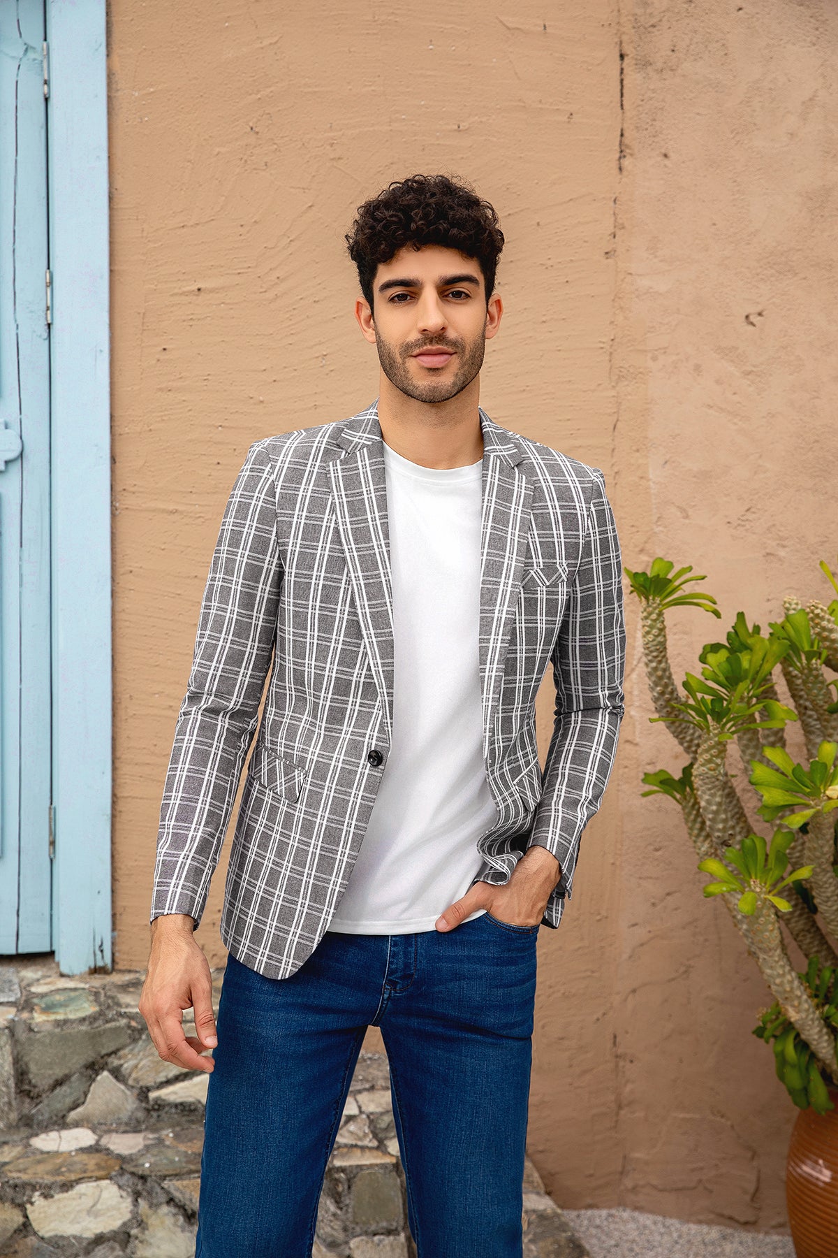 Khaki White Check # Men's one-button khaki and white check plaid blazer, slim fit notch lapel sport coat jacket with classic checkered pattern, breathable cotton polyester blend for daily business, office, wedding and party wear, isolated on white background.