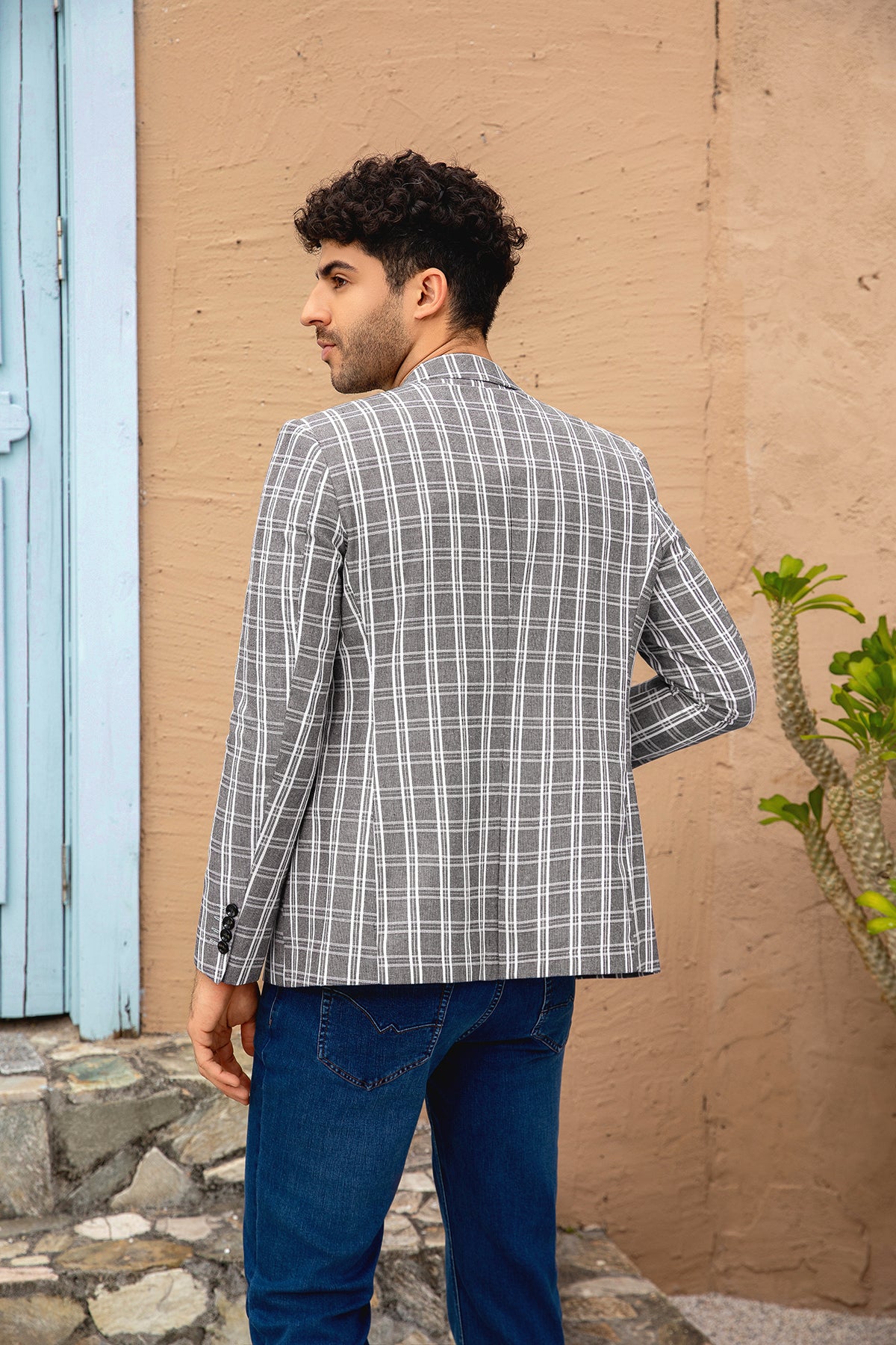 Khaki White Check # Men's one-button khaki and white check plaid blazer, slim fit notch lapel sport coat jacket with classic checkered pattern, breathable cotton polyester blend for daily business, office, wedding and party wear, isolated on white background.