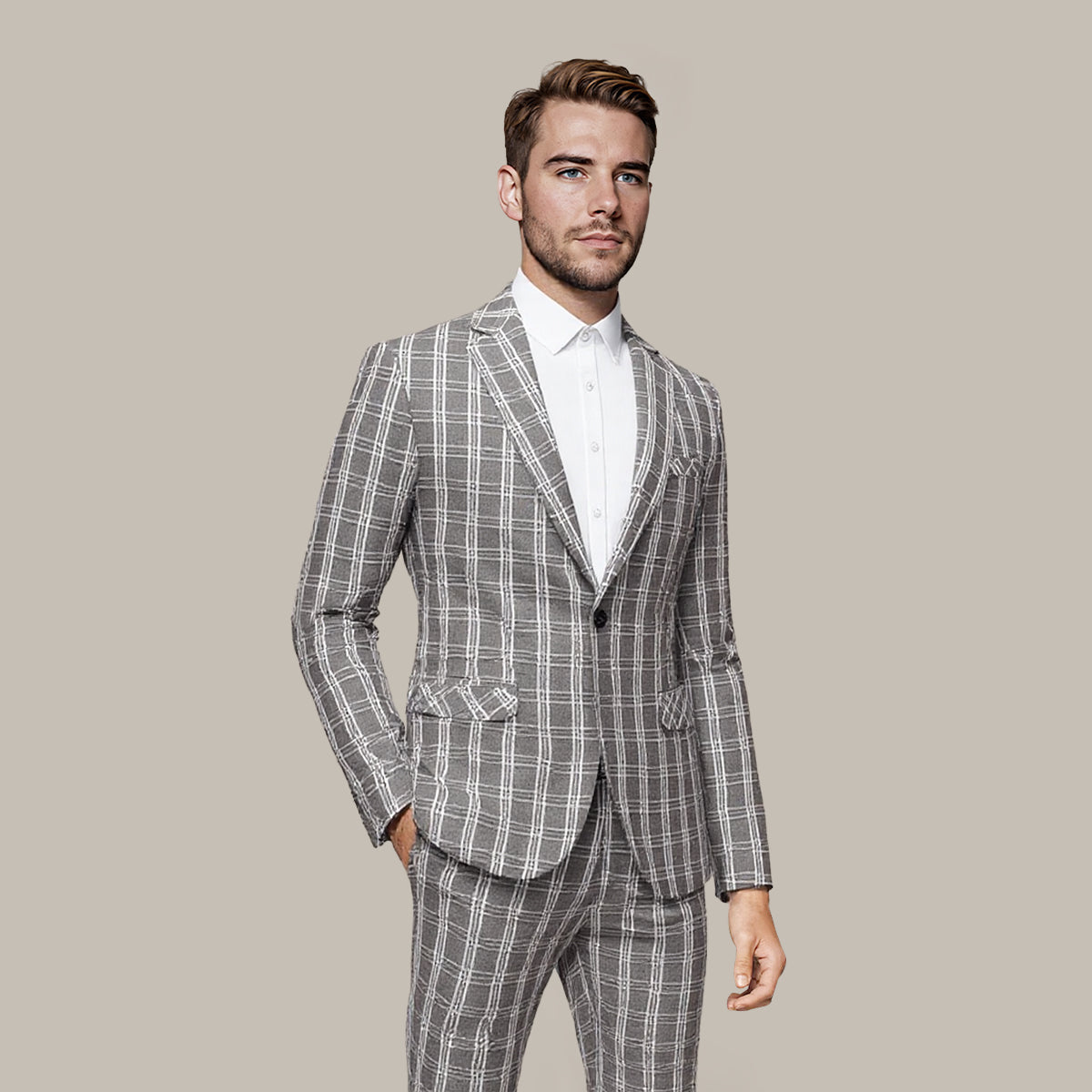 Khaki White Check # Men's one-button khaki and white check plaid blazer, slim fit notch lapel sport coat jacket with classic checkered pattern, breathable cotton polyester blend for daily business, office, wedding and party wear, isolated on white background.