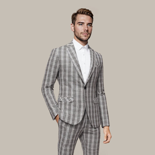 Khaki White Check # Men's one-button khaki and white check plaid blazer, slim fit notch lapel sport coat jacket with classic checkered pattern, breathable cotton polyester blend for daily business, office, wedding and party wear, isolated on white background.