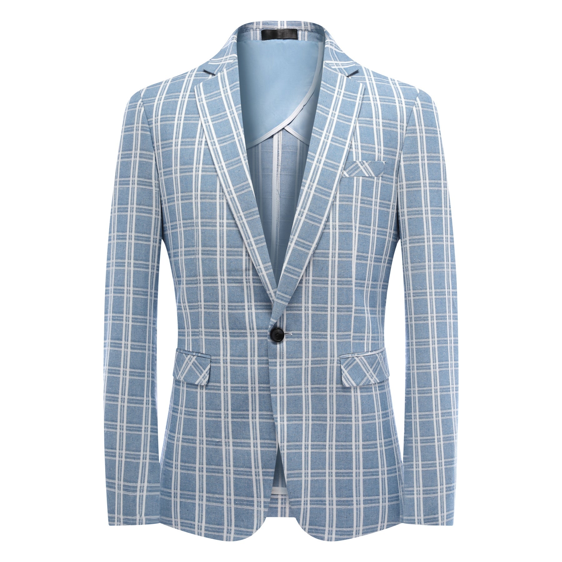 Light Blue # Men's one-button light blue and white check plaid blazer, slim fit notch lapel sport coat jacket with classic windowpane pattern, breathable cotton polyester blend for daily business, office, wedding and party wear, isolated on white background.
