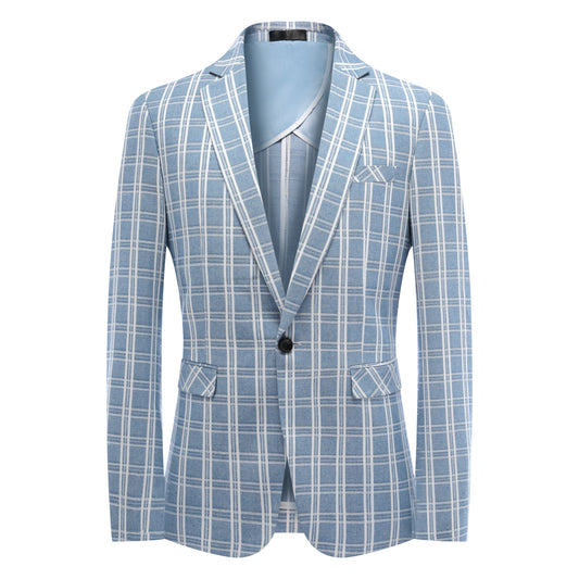 Light Blue # Men's one-button light blue and white check plaid blazer, slim fit notch lapel sport coat jacket with classic windowpane pattern, breathable cotton polyester blend for daily business, office, wedding and party wear, isolated on white background.
