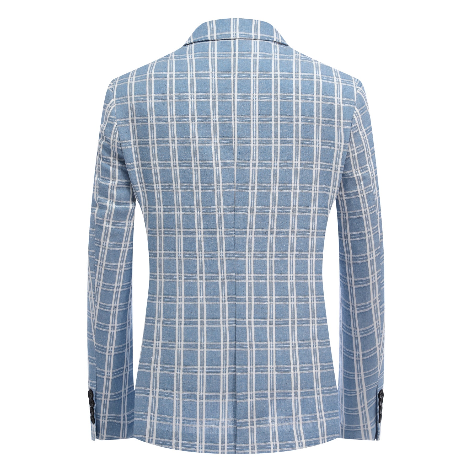 Light Blue # Men's one-button light blue and white check plaid blazer, slim fit notch lapel sport coat jacket with classic windowpane pattern, breathable cotton polyester blend for daily business, office, wedding and party wear, isolated on white background.